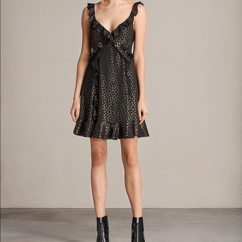 All Saints Darell Black and Gold Ruffle Dress